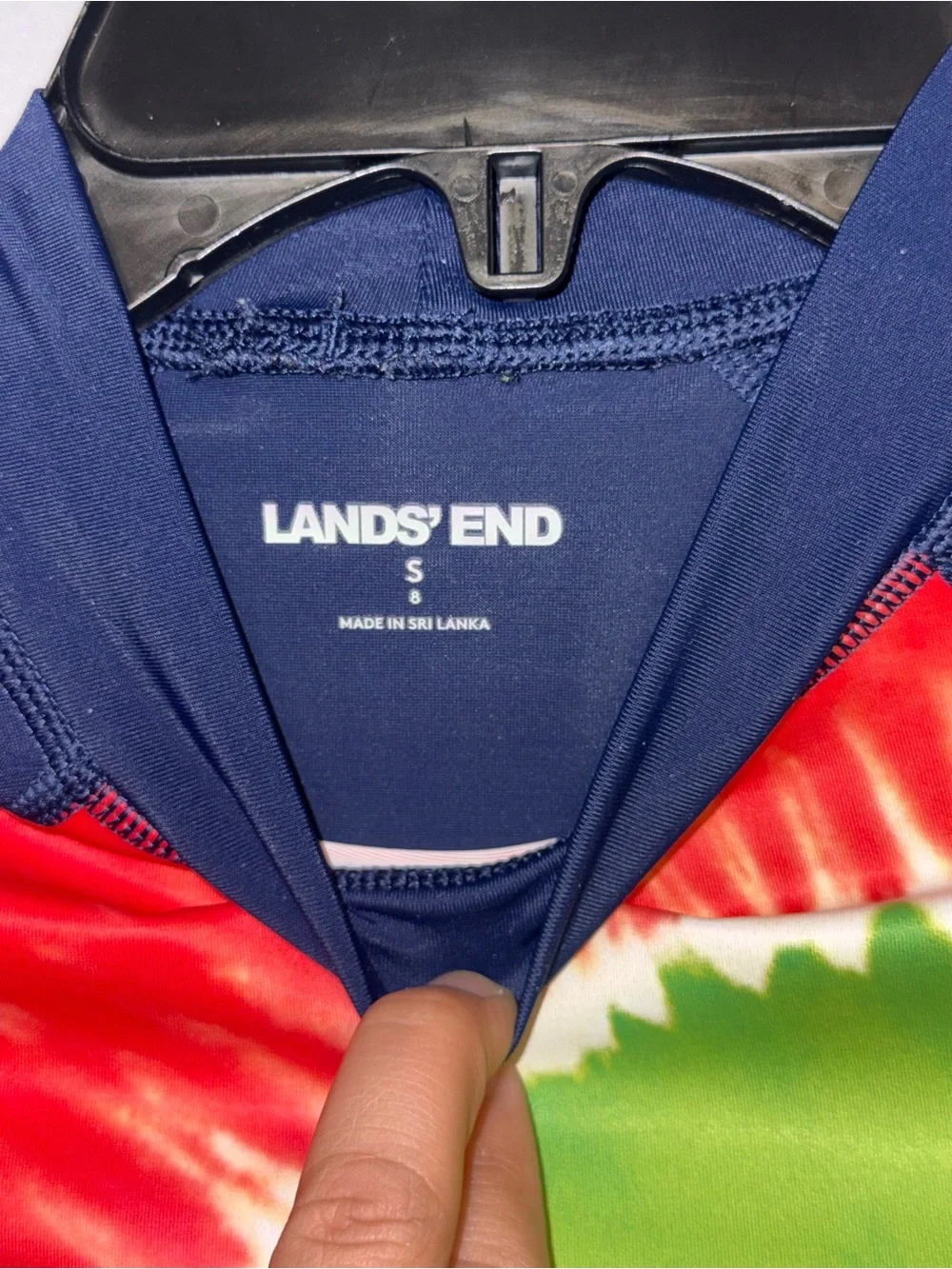 Lands' End Navy Blue Swim Top with Red and Green Tie-Dye Accents